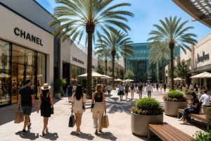 Visitors exploring South Coast Plaza shopping center in Costa Mesa