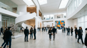 Visitors exploring contemporary art at a Costa Mesa museum
